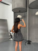 Women’s Denim Halter Mini Dress – Backless Belted Jean Dress