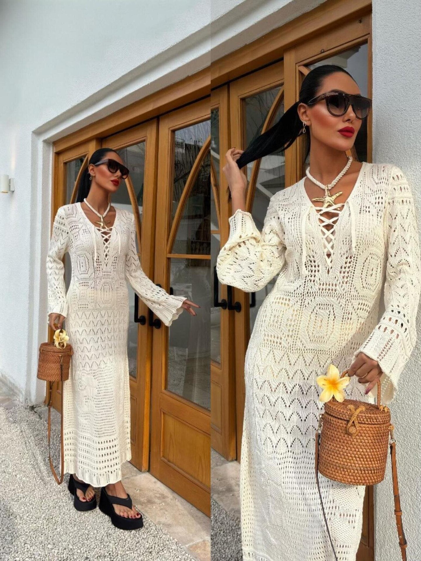 Summer knit hollow v neck beach maxi dress White S