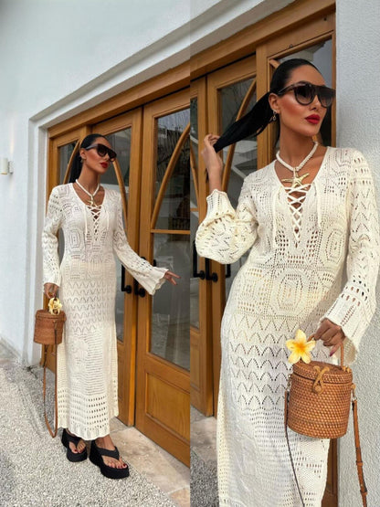 Summer knit hollow v neck beach maxi dress White S