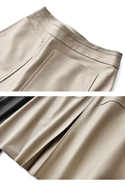 Genuine leather high waist pleated midi skirt