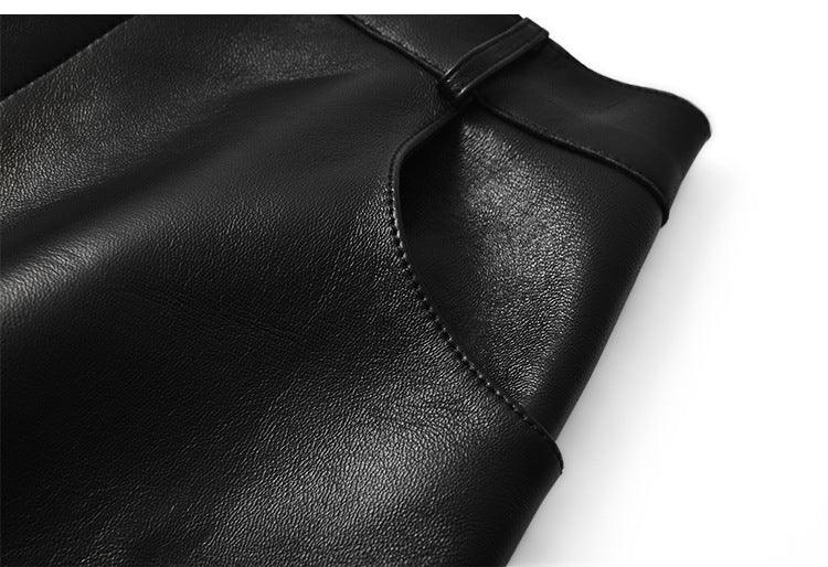 High waisted midi leather skirt with front slit and pockets