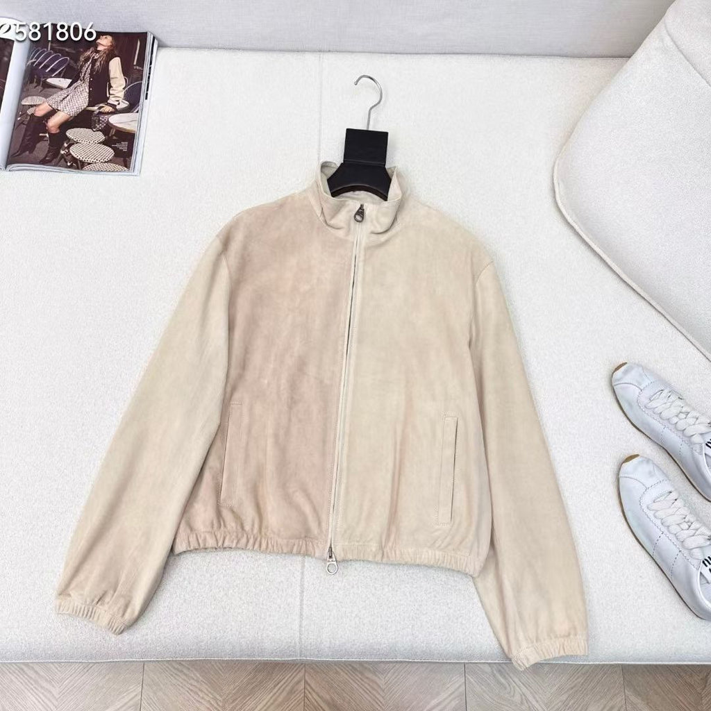 Women Beige Suede Bomber Jacket Real Suede Zip-Up Coat