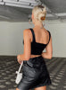 High Waist Black PU Leather Mini Skirt with Side Slit