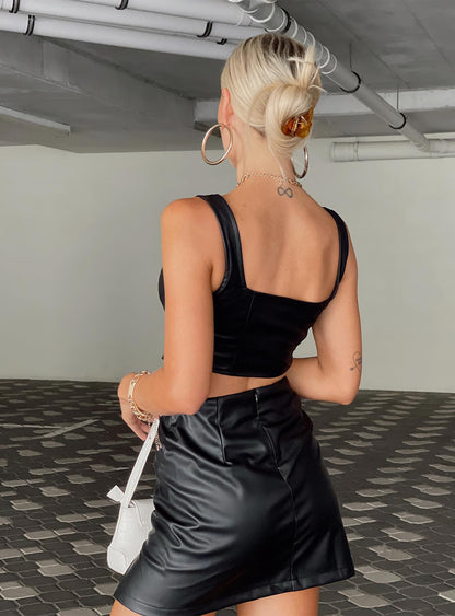 High Waist Black PU Leather Mini Skirt with Side Slit