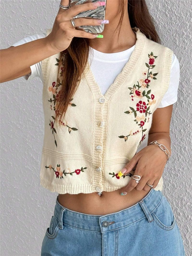 Embroidered Knitted Sweater Women’s Vest Floral Button Front Crop