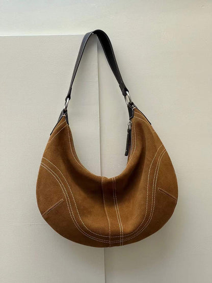 Suede Leather Underarm Crescent Shoulder Bag