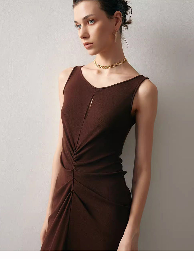 black sleeveless pleated cotton midi dress