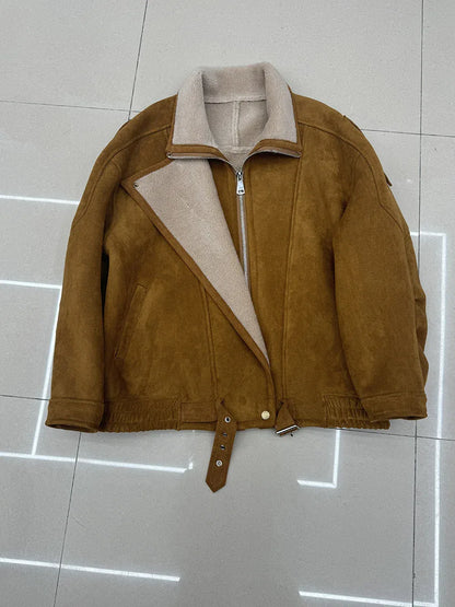 Women Suede Lambswool Real Fur Moto Jacket