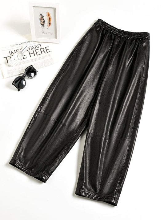 Women Black Genuine Leather Baggy Pants Loose Fit Wide Leg