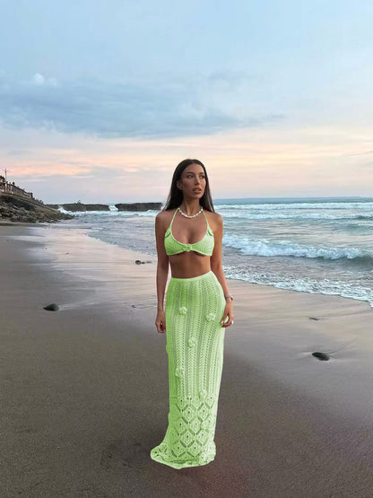 Pink Crochet Bikini & Floral Knit Beach Outfit