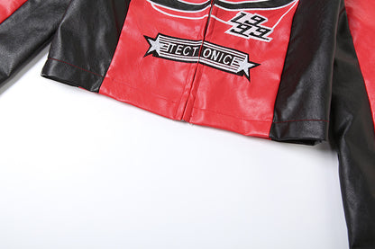 Women's Red Faux Leather Jacket with Cropped Biker Bomber Fit