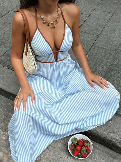Women Long Summer Dress Striped Halter Backless Maxi