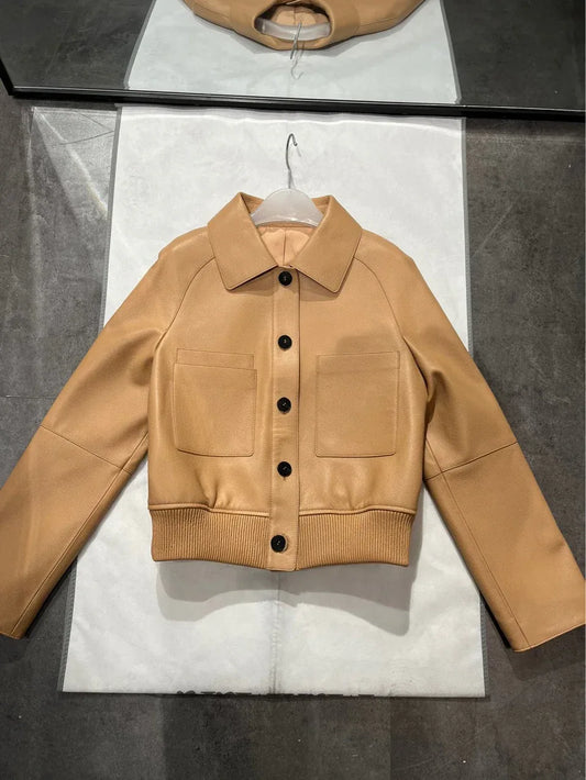 Women Genuine Cropped Leather Bomber Jacket