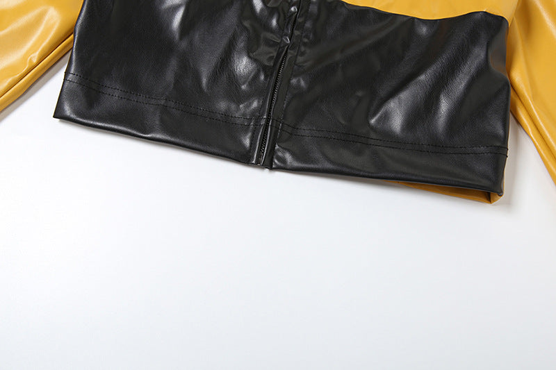 Yellow and Black Faux Leather Biker Jacket Women