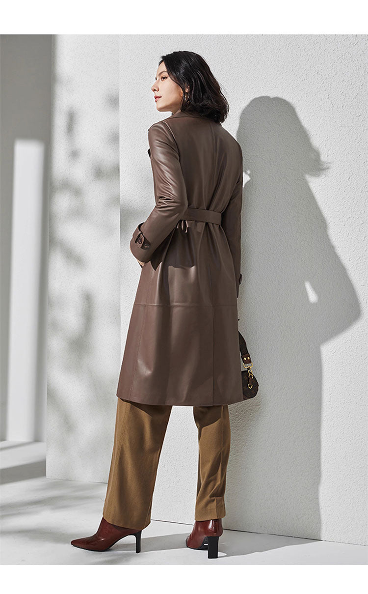 Women Brown Sheepskin Leather Trench Coat with Tie Waist