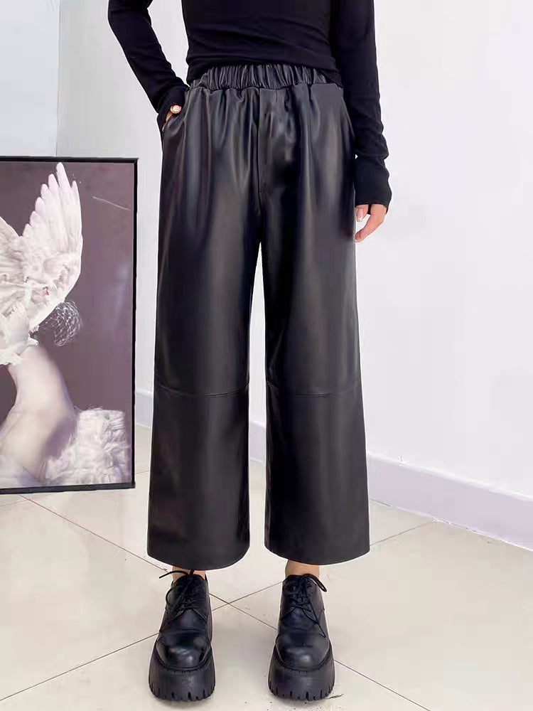 Women High Waisted Genuine Leather Straight Leg Pants