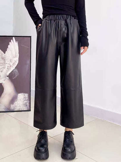 Women High Waisted Genuine Leather Straight Leg Pants