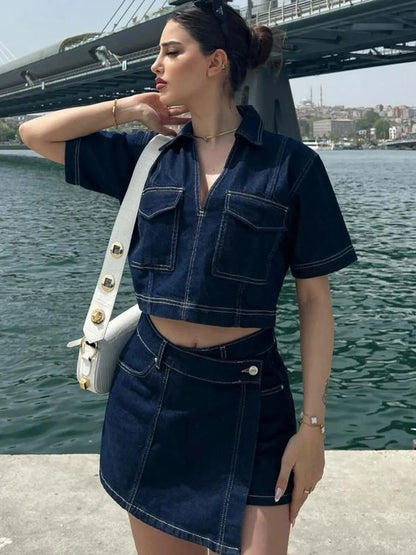 Two Piece Denim Short Set Skirt with Cropped Jean Top