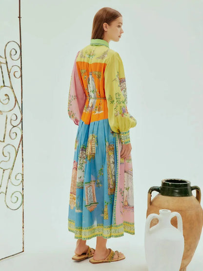 Colorblock print long lantern sleeve maxi dress