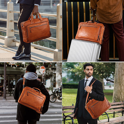 Men Leather Briefcase Office Bag with Trolley Sleeve