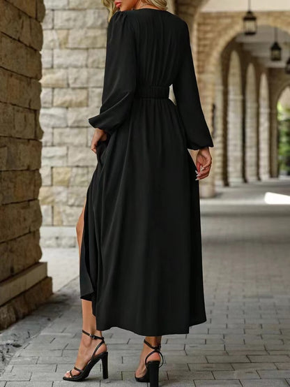 Olive Green V Neck Long Sleeve Belted High Slit Maxi Dress