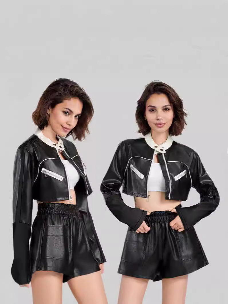 Black Cropped Faux Leather Moto Biker Jacket