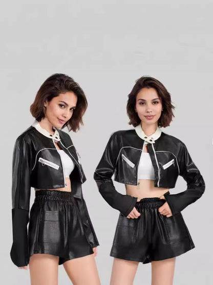 Black Cropped Faux Leather Moto Biker Jacket
