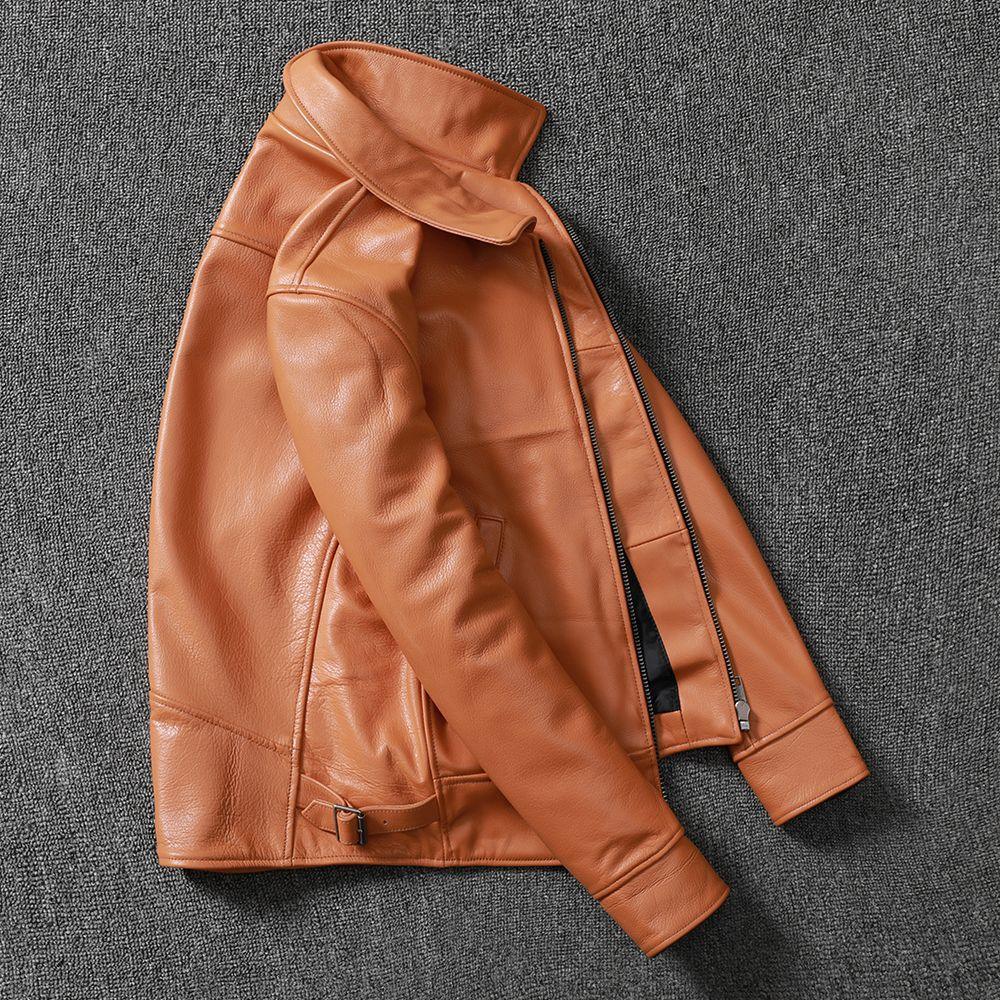 Men's Cowhide Leather Jacket Brown Slim Fit