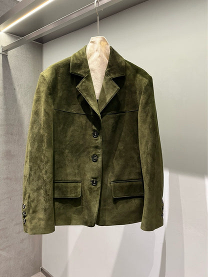 Olive Green Suede Leather Blazer for Women