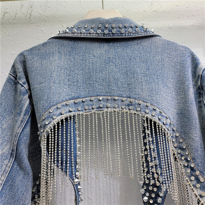 Women Beaded Fringe Tassels Rivet Denim Cropped Jacket
