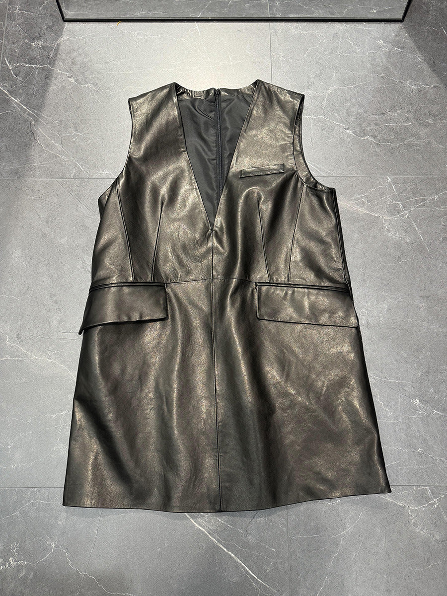 Women Oil-Waxed Genuine Leather V-Neck Vest Dress