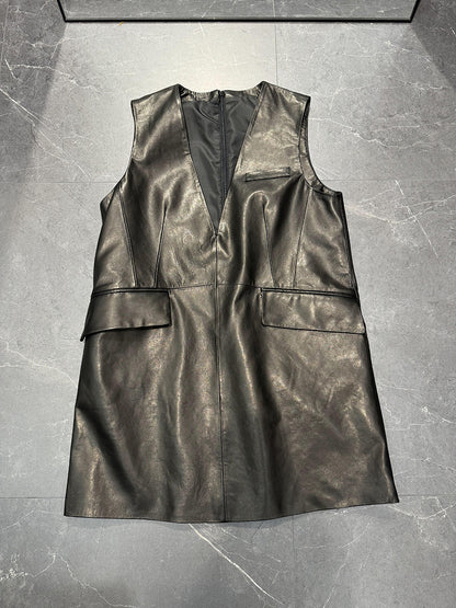 Women Oil-Waxed Genuine Leather V-Neck Vest Dress