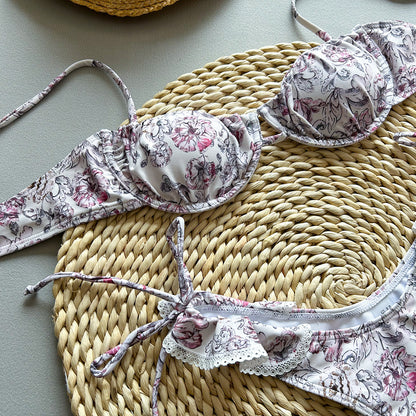 Women’s Floral Lace Trim Tie Side Bikini Set