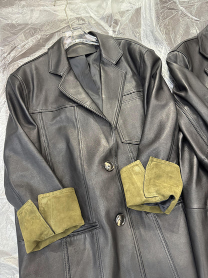 Women Leather Jacket Mid-Length Blazer with Suede Cuffs
