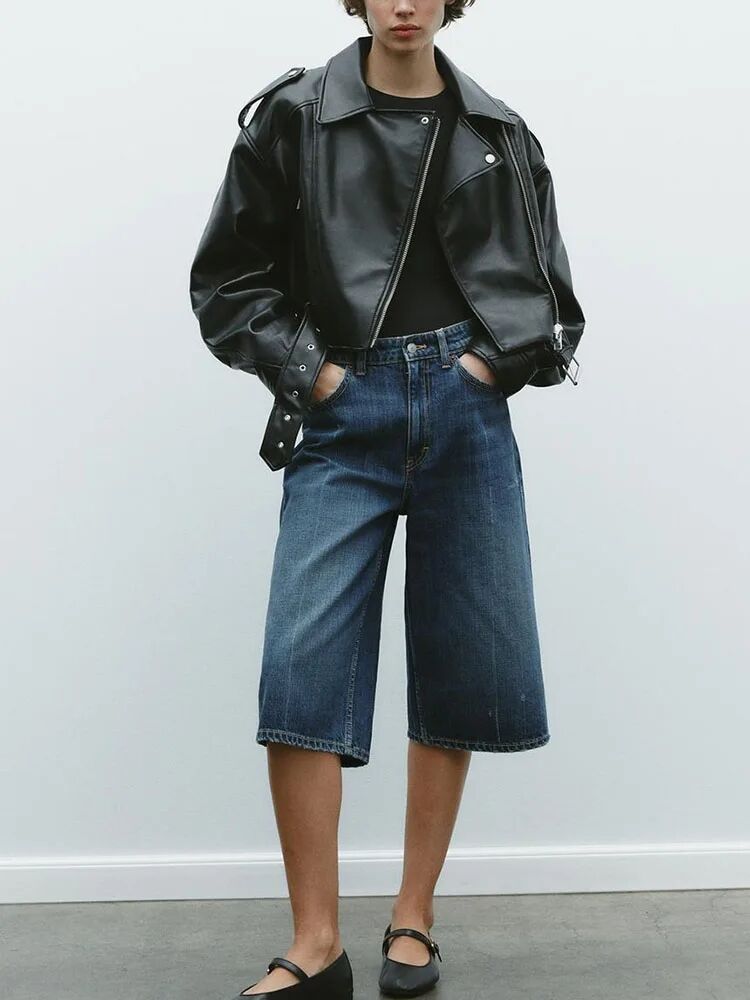 Women Retro Faux Leather Biker Jacket Cropped Moto Jacket with Belt