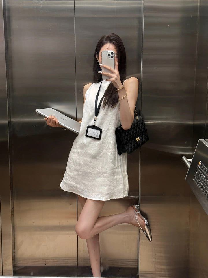 White linen backless mini dress spaghetti strap summer casual