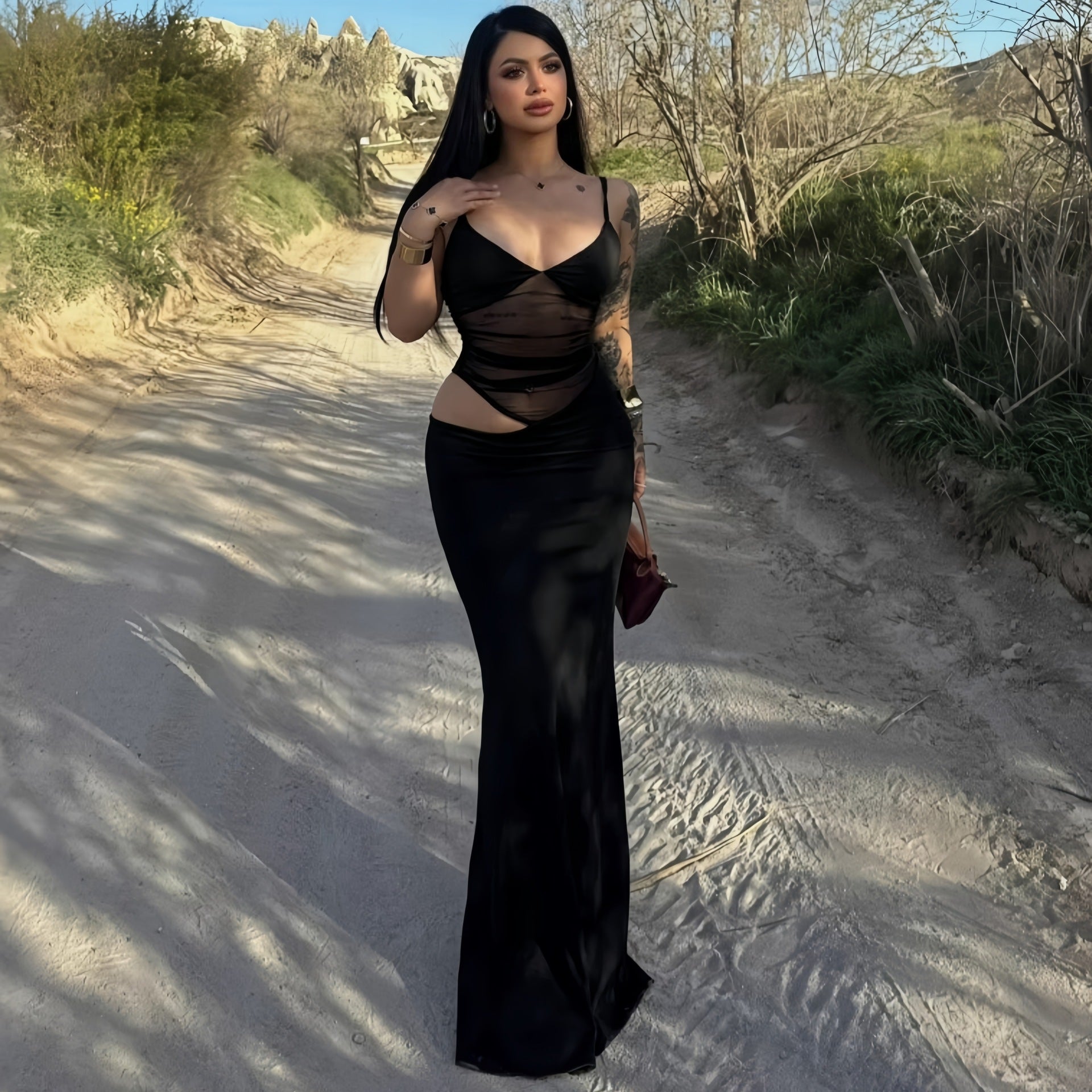 Black mesh backless suspender maxi dress women
