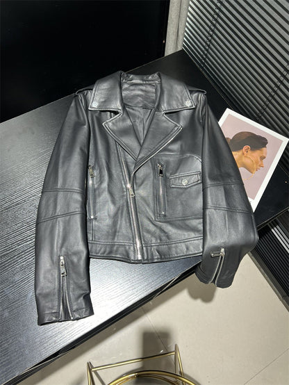 Women’s Genuine Leather Bomber Moto Jacket Black Short Fit