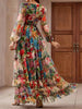 Women Floral Print Long Dress V-Neck Ruffle Tiered Maxi Dress