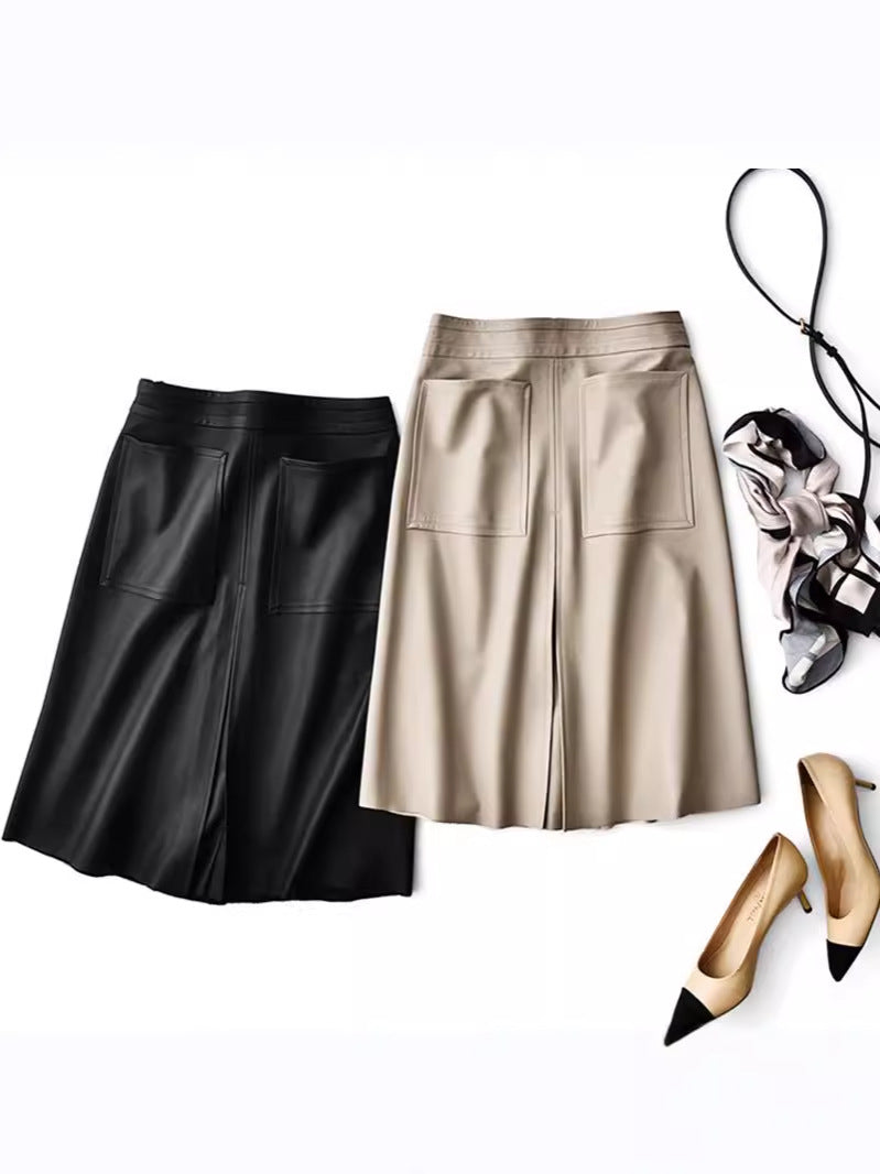 Genuine leather high waist pleated midi skirt