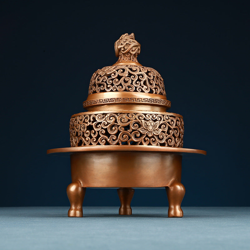Copper Incense Burner with Three Legs and Decorative Openwork Lid