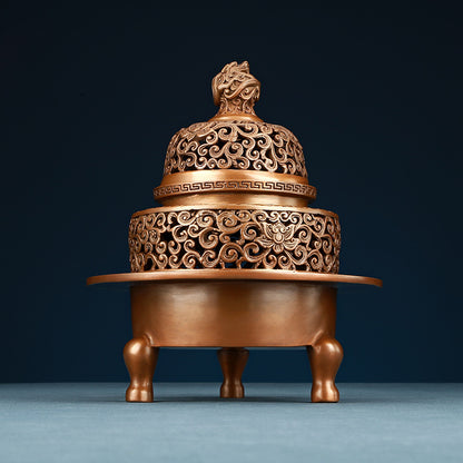 Copper Incense Burner with Three Legs and Decorative Openwork Lid