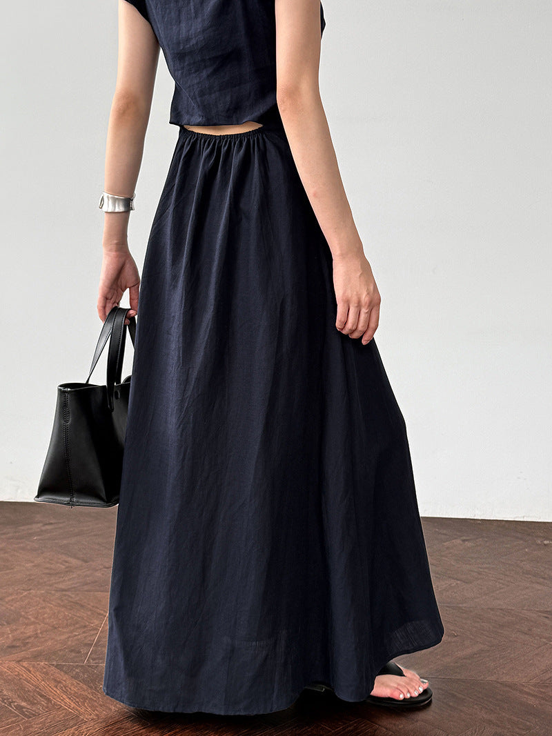 White flutter sleeve linen maxi dress with open back waist fit