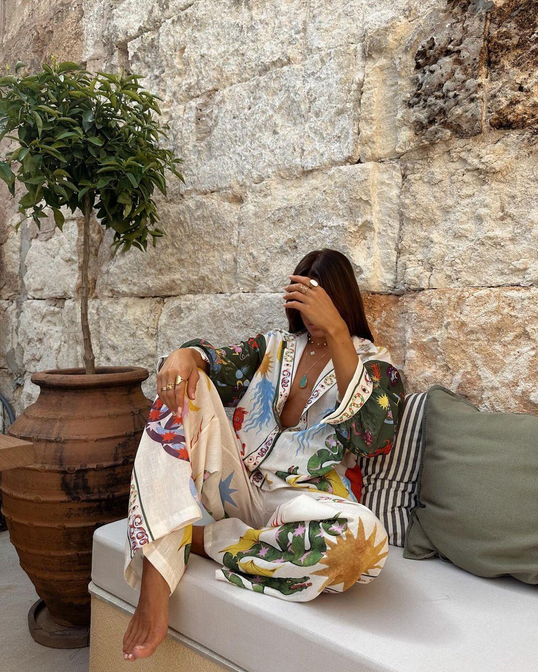 Printed macaron linen long sleeve two piece set