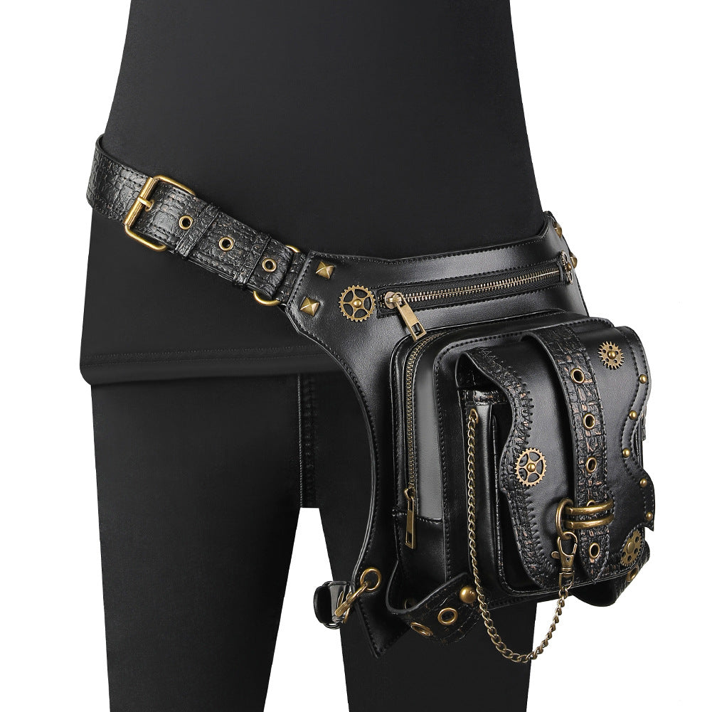 Punk Waist Leg Bag Black PU Chain and Motorcycle Style