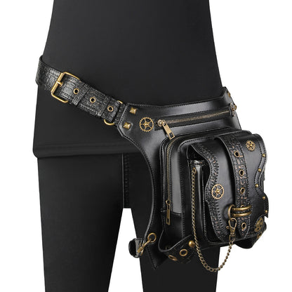 Punk Waist Leg Bag Black PU Chain and Motorcycle Style