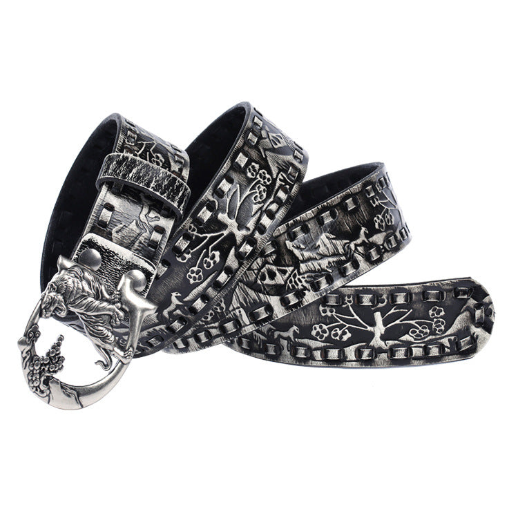 Women punk embossed leather tiger buckle belt