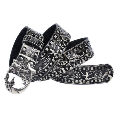 Women punk embossed leather tiger buckle belt