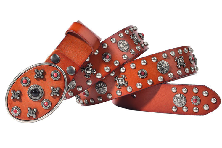 Black Leather Biker Belt with Rivets for Men and Women