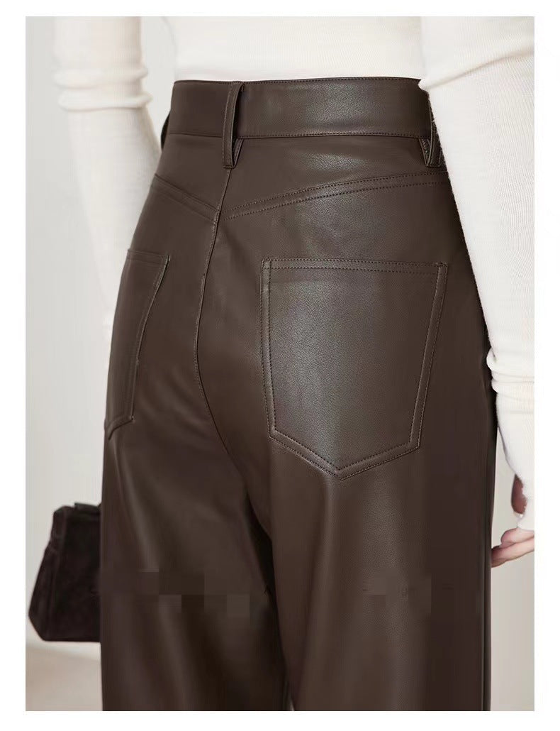 Women’s High Rise Genuine Straight Leather Pants Brown